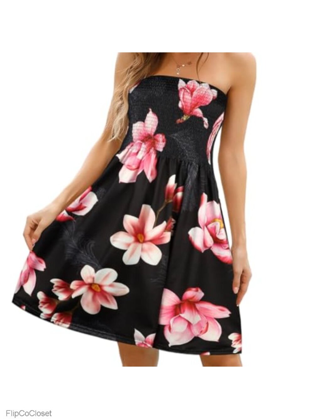 Women Off Shoulder Strapless Sleeveless Tube Top Floral Midi Dress Summer Beach